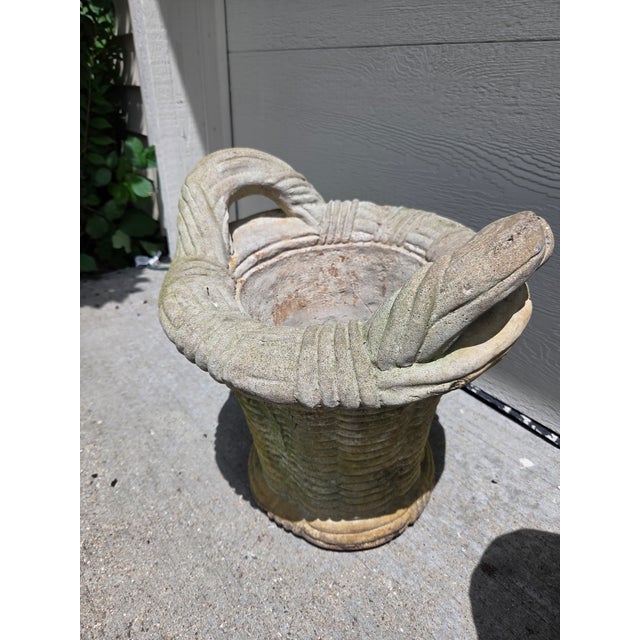 Mid 20th Century Vintage Cast Stone Concrete Cement Woven Basket Garden Planters- A Pair For Sale - Image 5 of 6