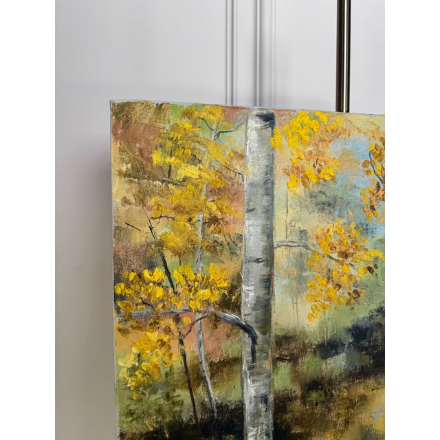 Mid 20th Century Vintage Traditional Impressionist Original Still LIfe Landscape "Aspens" Oil Painting on Canvas, Yellow, Mint Green, Black For Sale - Image 5 of 11