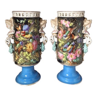 Beautiful Large 16 Inch Pair Antique French Porcelain Urns or Vases Eclectic Victoria Aesthetic Movement Naturalism Maidenhead Handles For Sale