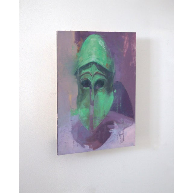 Contemporary Peacemaker by Elena Burykina | Oil on panel Green helmeted figure against a purple background. For Sale - Image 3 of 5