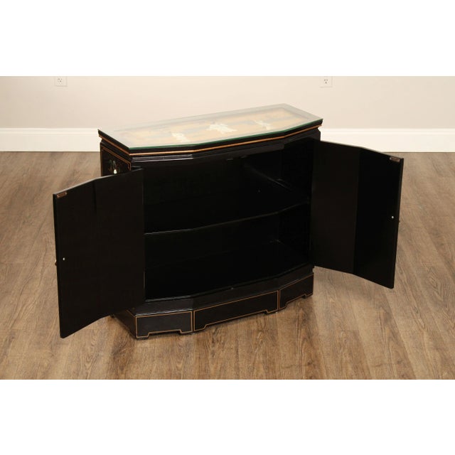 Chinoiserie Decorated Black and Gold Lacquer Glass Top Console Cabinet For Sale - Image 4 of 12