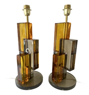 Contemporary Pair of Lamps Amber Smoke Cubic Murano Glass and Brass, Italy