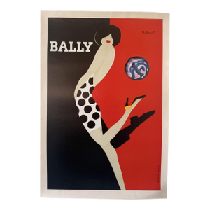 Vintage Bernard Villemot “Bally” French Advertising Poster, Circa 1960s–70s, Linen Backed