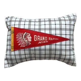 Minnesota Grand Rapids Vintage Pennant on New Woven Plaid Throw Pillow For Sale