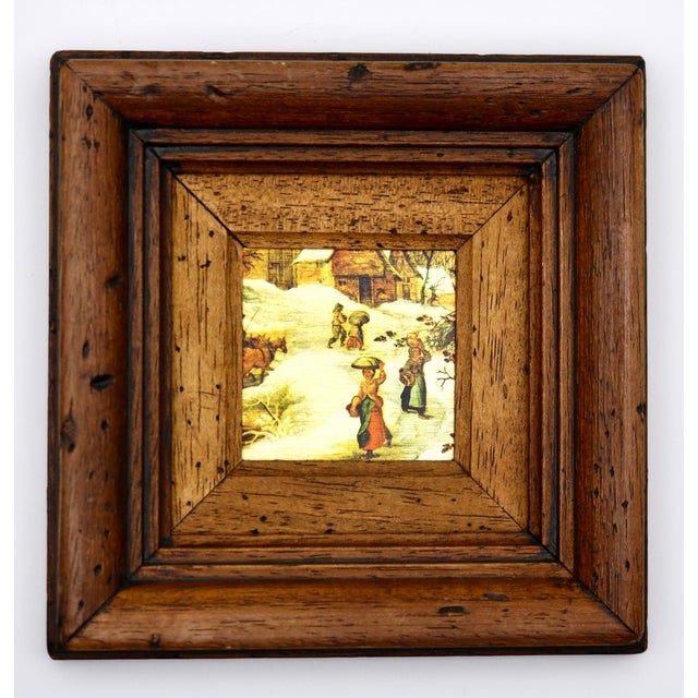 Rustic European Mid-Century Italian Framed Miniature Silk Prints After Pieter Bruegel - A Pair For Sale - Image 3 of 11