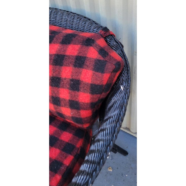 1930s Black Wicker Chair W/ Buck Plaid Seat Cushions For Sale - Image 5 of 13