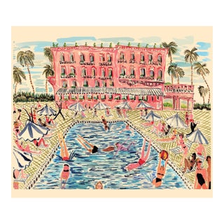 "Pink Villa Pool" Contemporary Original Whimsical Figurative Interior Scene Print by Pauline De Roussy De Sales For Sale