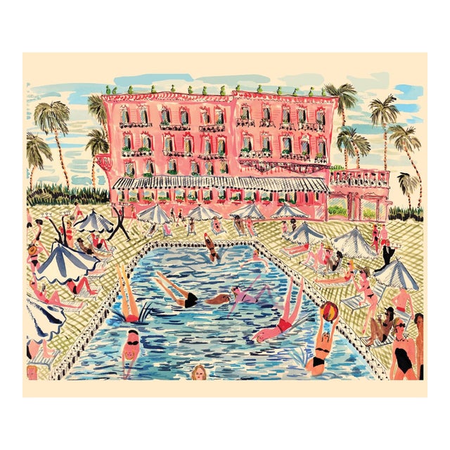 "Pink Villa Pool" Contemporary Original Whimsical Figurative Interior Scene Print by Pauline De Roussy De Sales For Sale