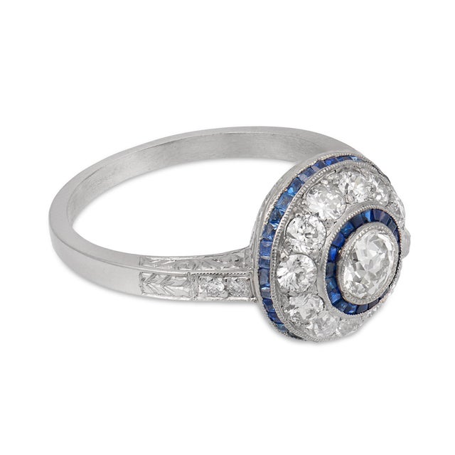 Early 20th Century Art Deco Inspired Old European Cut Diamond Sapphire Platinum Halo Ring, Size 7 For Sale - Image 4 of 6