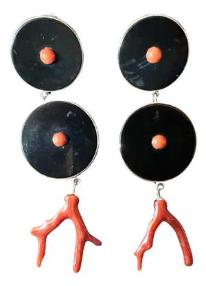 A Pair of Modern Onyx Mediterranean Coral and Silver Long Earrings by Carola