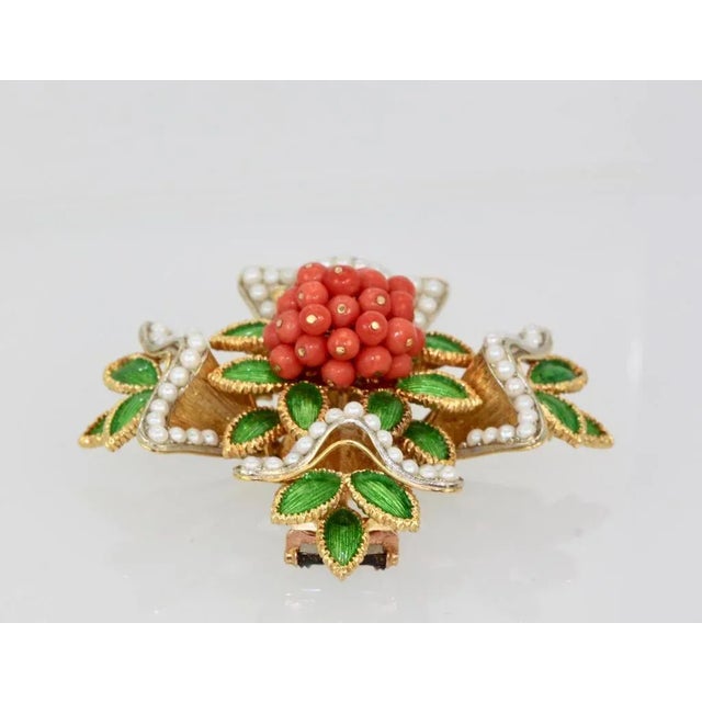 Metal French Enamel, Pearl, Coral, Maltese Cross Flower Brooch Pendant For Sale - Image 7 of 10