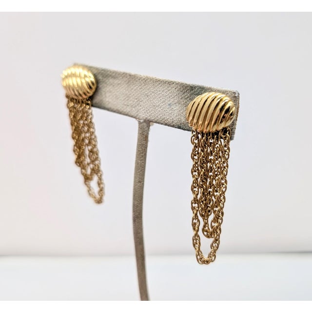 Mid-Century Modern Vintage Signed Monet Goldtone Fringe Pierced Earrings-2 Pieces For Sale - Image 3 of 6