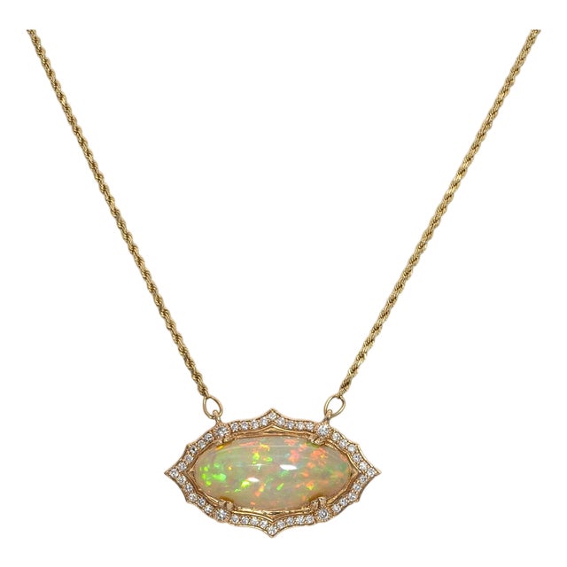 11.2Ct Opal Necklace Attached Chain With Natural Diamond Accents: Solid 14k Gold For Sale