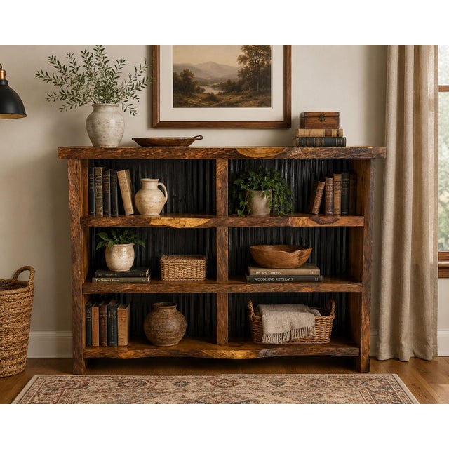 A distinctive handcrafted rustic bookcase combining richly figured natural wood with dark corrugated metal backing. The...