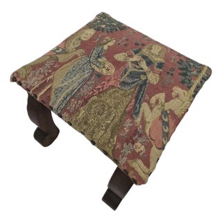 1940s Tapestry Footstool Jacobean Revival Wood Oak Ottoman Brass Tacks Dark Academia For Sale