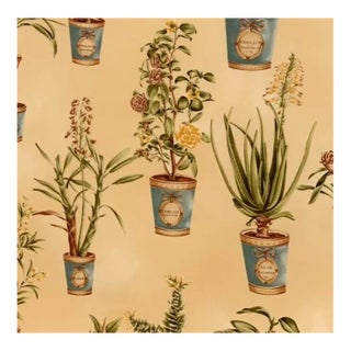 Hand-Printed European Fabricut Vervain Botanique Green Rusty-Red Turquoise Yellow Botanical Potted Floral Fabric- 5 Yards For Sale