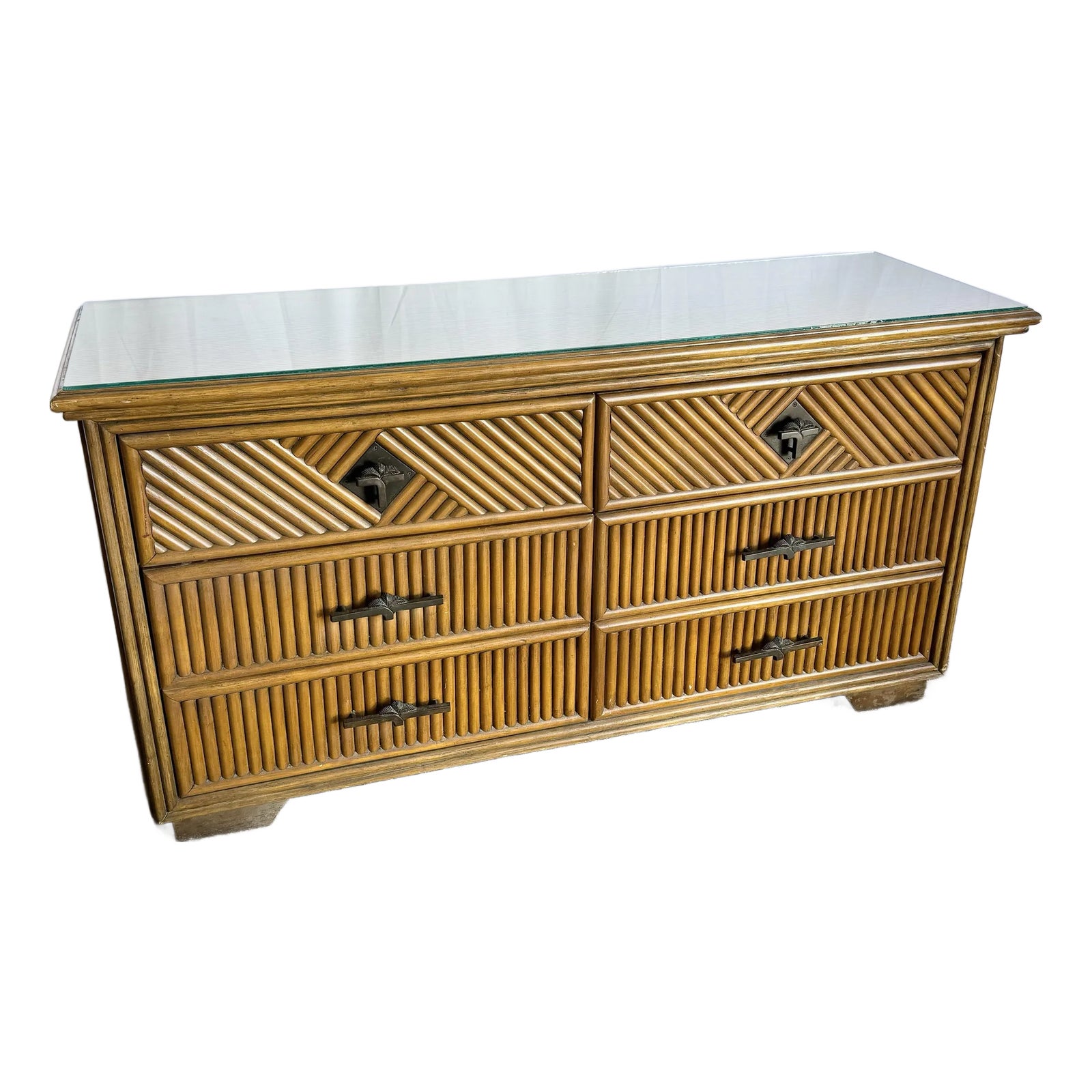 Coastal Boho Rattan Dresser With Glass Top | Chairish