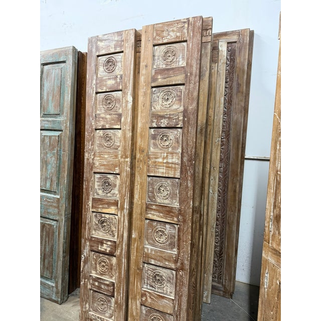 Vintage Hand-Carved Floral Closet Doors – Reclaimed Wood Double Doors in Rustic Brown Finish 80x28 For Sale - Image 4 of 7