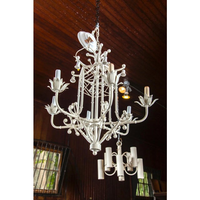 1970s White Painted Wrought Iron Chinoiserie Chandelier With Bells For Sale - Image 5 of 11
