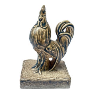 Arts & Crafts Rookwood Blue Over Tan Rooster Paperweight For Sale