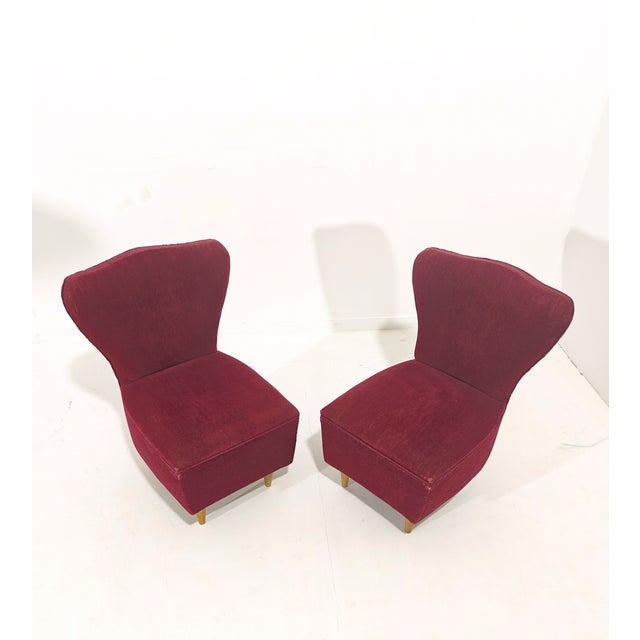Cherry Velvet Armchairs with Wooden Legs, Italy, 1960s, Set of 2 For Sale - Image 9 of 13