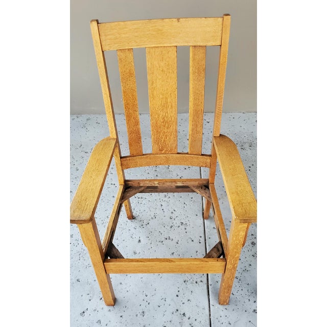 Early 20th Century 2 Matching 1910 Mission Quarter Sawn Oak & Removable Leather Seat Arm Chairs For Sale - Image 16 of 18