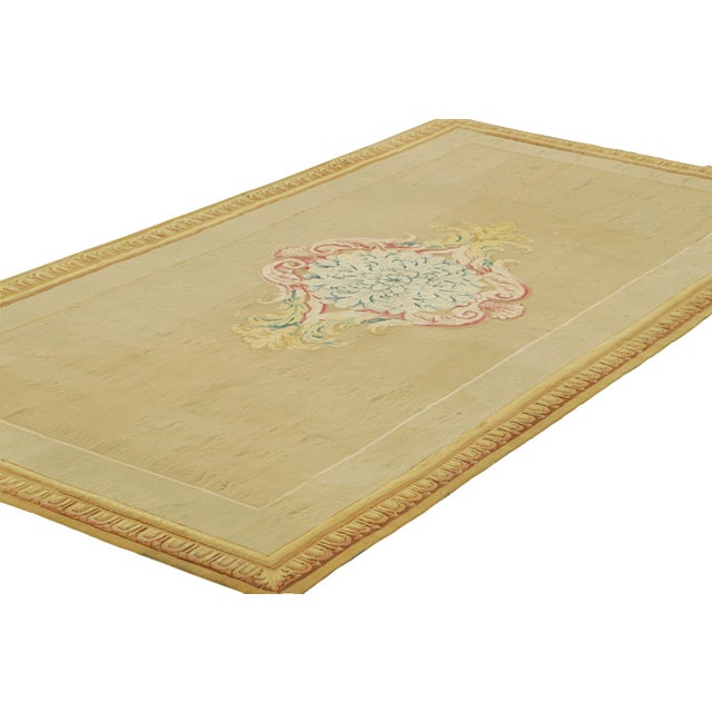 Rug & Kilim Antique Aubusson Runner Rug in Gold With Floral Medallion | Rug & Kilim For Sale - Image 4 of 7