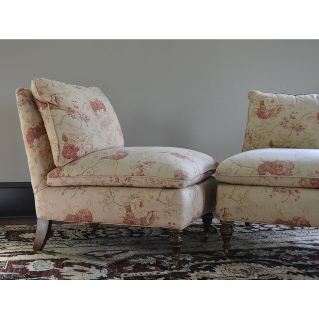 Great pair of vintage upholstered slipper chairs in a linen rose floral pattern. Of George Smith style. Well made, maker...