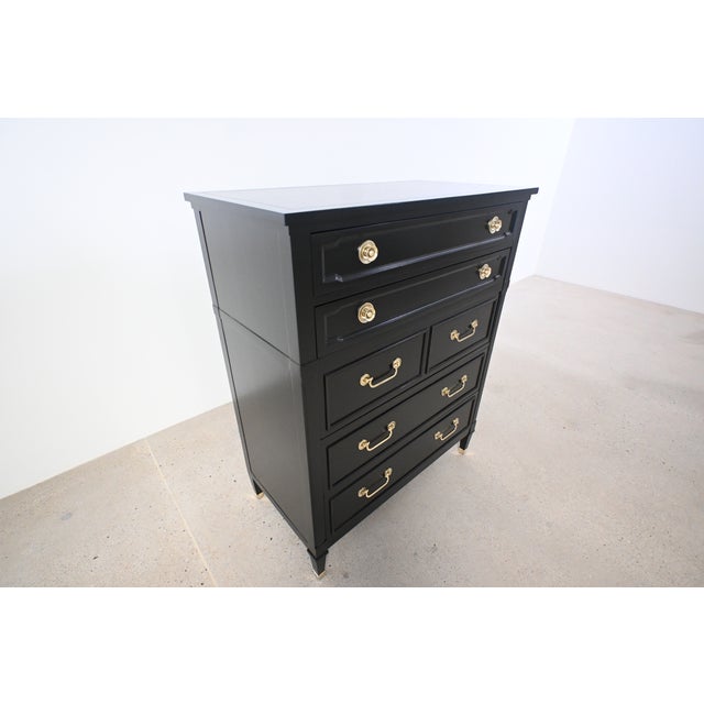 French French Louis XVI Style Black Lacquered Highboy With Brass Hardware | Newly Refinished For Sale - Image 3 of 18