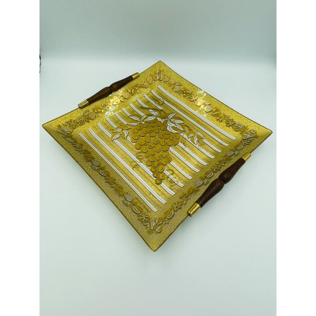 Gold Mid 20th Century Marcel Guval Mid-Century Golden Glass Platter Tray With Wood Handles For Sale - Image 8 of 13