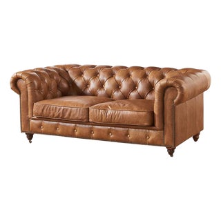Century Chesterfield Love Seat - Light Brown Leather For Sale