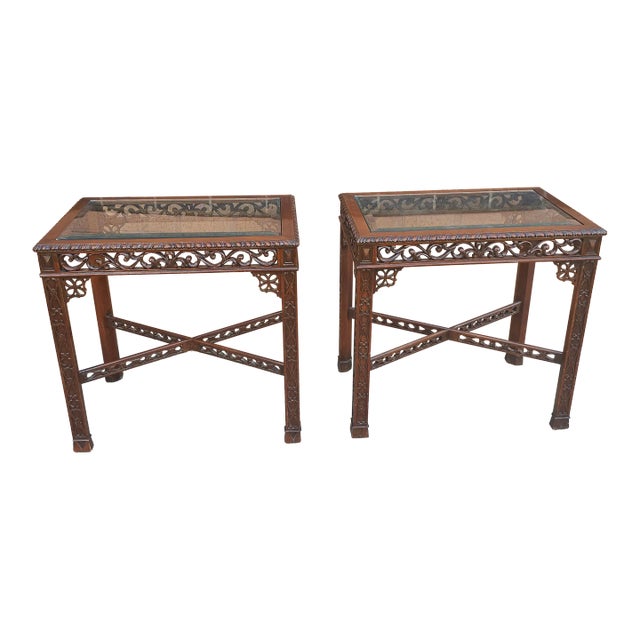 Pair of Chinese Chippendale Style Fretwork and Glass Inset Mahogany Side Tables For Sale