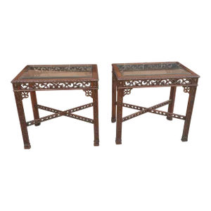 Pair of Chinese Chippendale Style Fretwork and Glass Inset Mahogany Side Tables