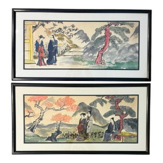Vintage Japanese Framed Watercolor Scroll For Sale