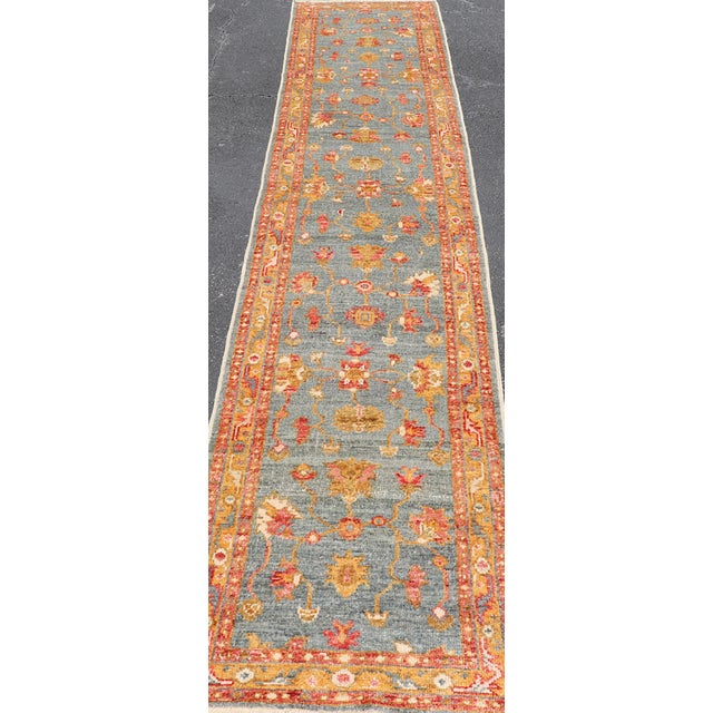 Textile Turkish Angora Oushak Runner With Denim Blue Field and Rust Motifs For Sale - Image 7 of 13