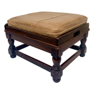 Ethan Allan Heirloom Collection Leather and Solid Wood in Nutmeg Finish Footstool For Sale