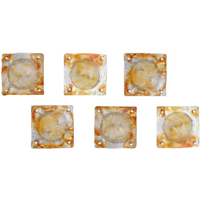 Murano Mazzega Square Glass Sconces Set of 6 Amber, Orange, Clear and Chrome For Sale