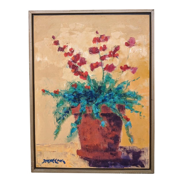 Vintage Original Still Life Potted Begonia Flower Oil Painting Signed For Sale