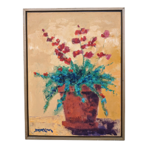 Vintage Original Still Life Potted Begonia Flower Oil Painting Signed