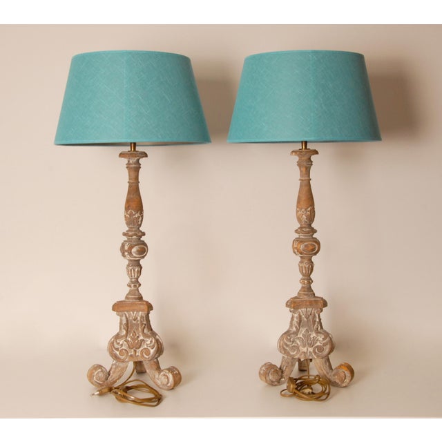 Vintage French Country Lamps Wood Turquoise Linen Lampshades a Pair For Sale - Image 4 of 11