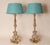 Vintage French Country Lamps Wood Turquoise Linen Lampshades a Pair For Sale - Image 4 of 11