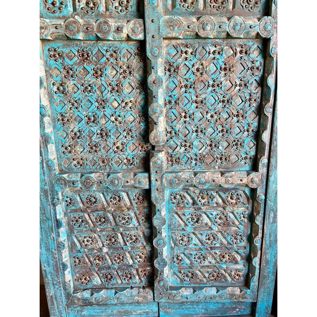 1920s Rustic Blue Antique Carved Wood Double Doors With Brass Studs – Farmhouse Decorative Doors 91 For Sale - Image 5 of 7