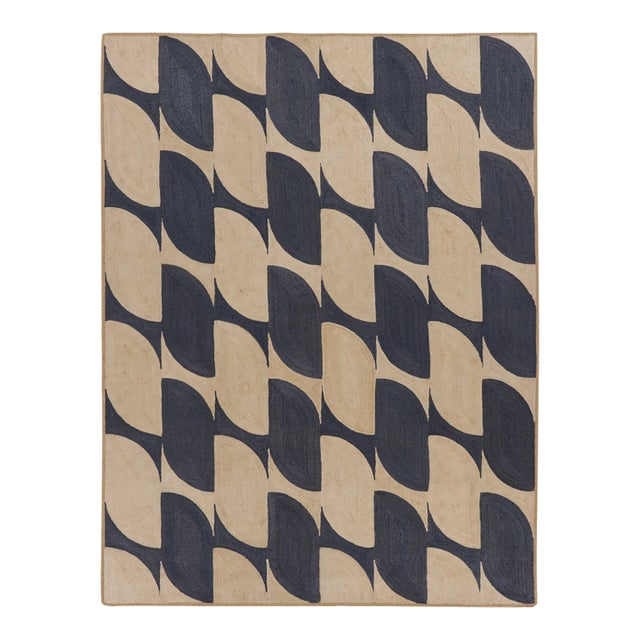 Contemporary Interlocking Wave Grid Rug in Navy & Beige by Rug & Kilim, India For Sale