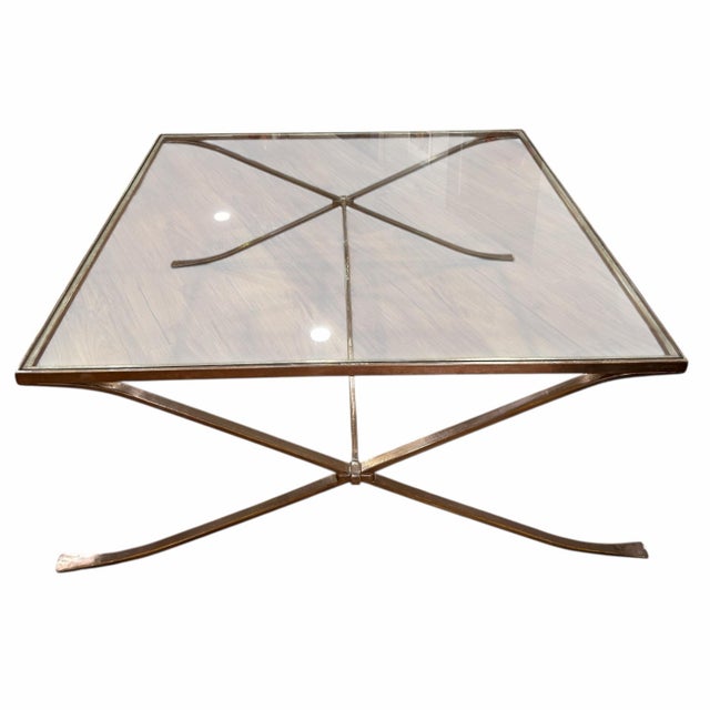 Nancy Corzine Hollywood Regency Style Cocktail Table in White Gold w Glass Top. Unsigned. Model is Angela Cocktail Table.