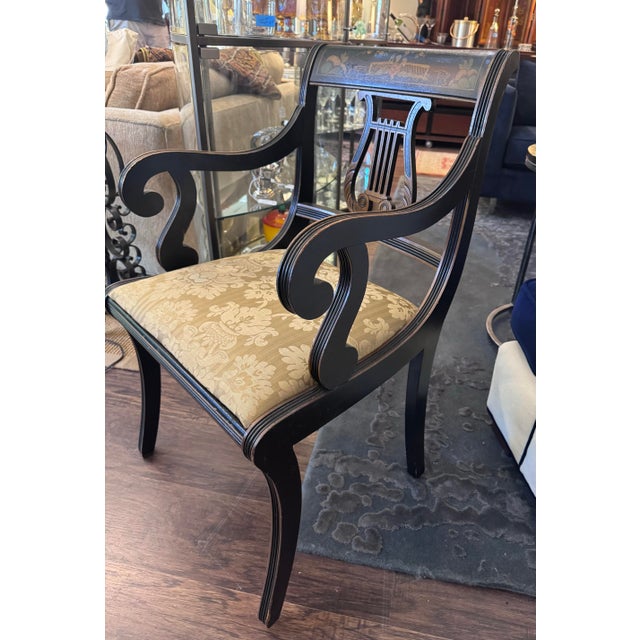 Set of Six Regency Style Ebonized and Parcel-Gilt Lyre Back Dining Chairs For Sale - Image 4 of 9