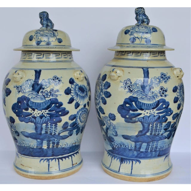 Chinoiserie White & Blue Floral Baluster Ginger Jars - a Pair For Sale - Image 4 of 7
