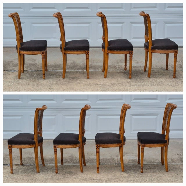 c.1940s Directoire Neoclassical French Regency Fruitwood Cane Back Dining Chairs, Set of 4 For Sale - Image 10 of 17