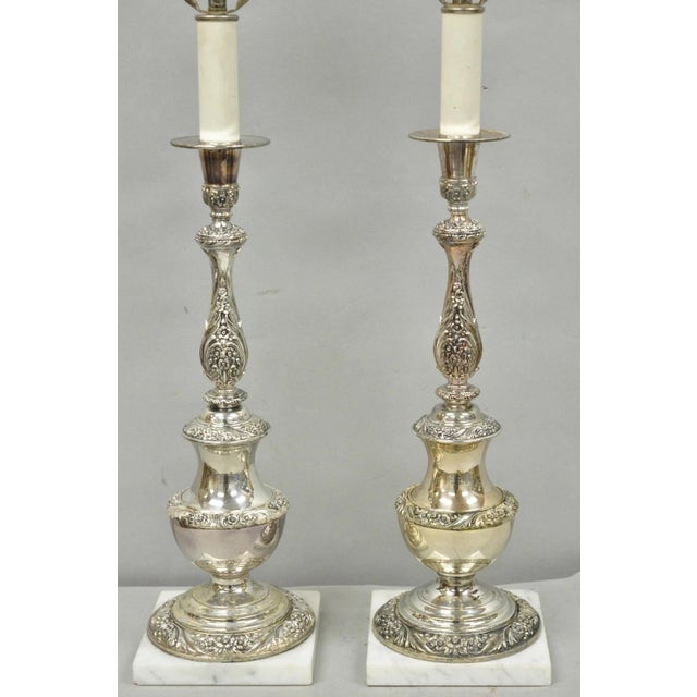 Victorian Mid 20th Century International Victorian Silver Plate Floral Repousse Candlestick Table Lamp Pair For Sale - Image 3 of 18