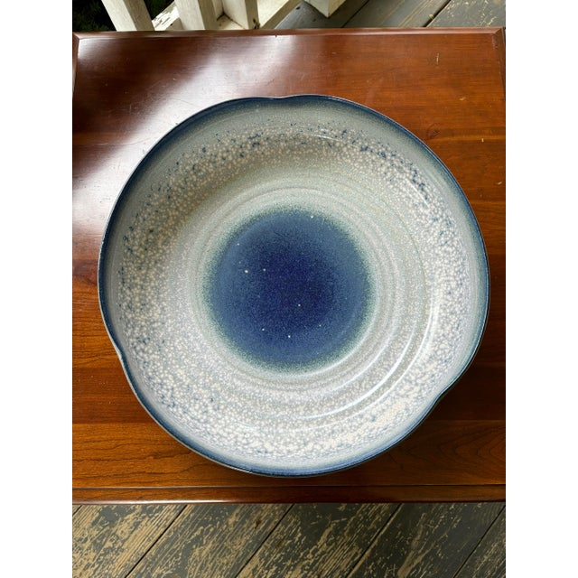 American John-Richard Large Reactive Blue and Cream Shallow Pottery Bowl Coastal For Sale - Image 3 of 12