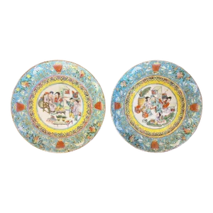 Antique 19th Century Chinese Export Porcelain Famille Rose Plates Decorated With Court Scenes, the Borders With Bats - a Pair